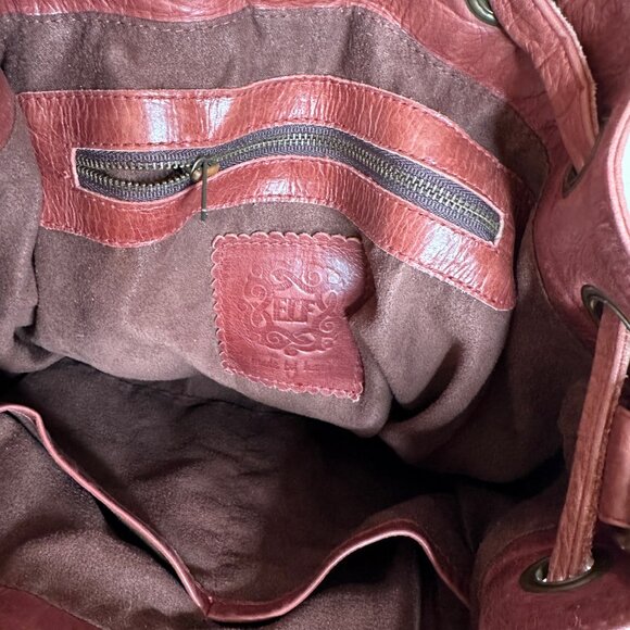 Bali Elf Women's Convertible Leather Backpack Bucket Bag Brown Checkerboard - Picture 6 of 7